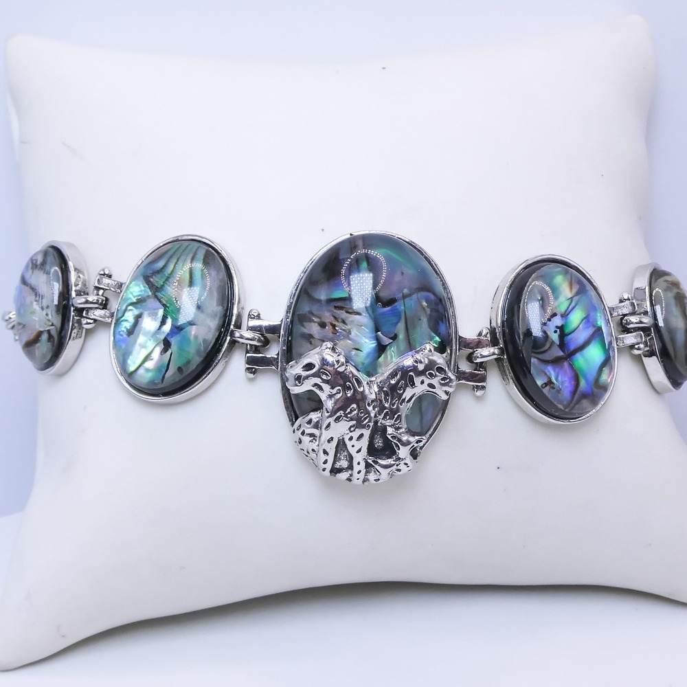 Abalone Cheetah Panel Silvertone Adjustable Women's Bracelet